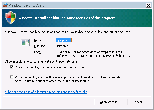 図10　MySQLが起動した場合のWindows Firewallの警告