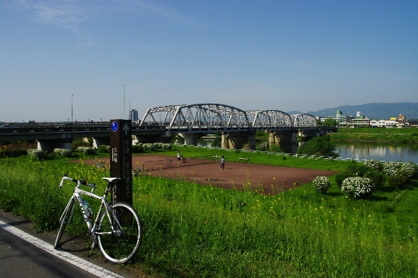 写真2　久世橋。午前中はまだ涼しく、走りやすい