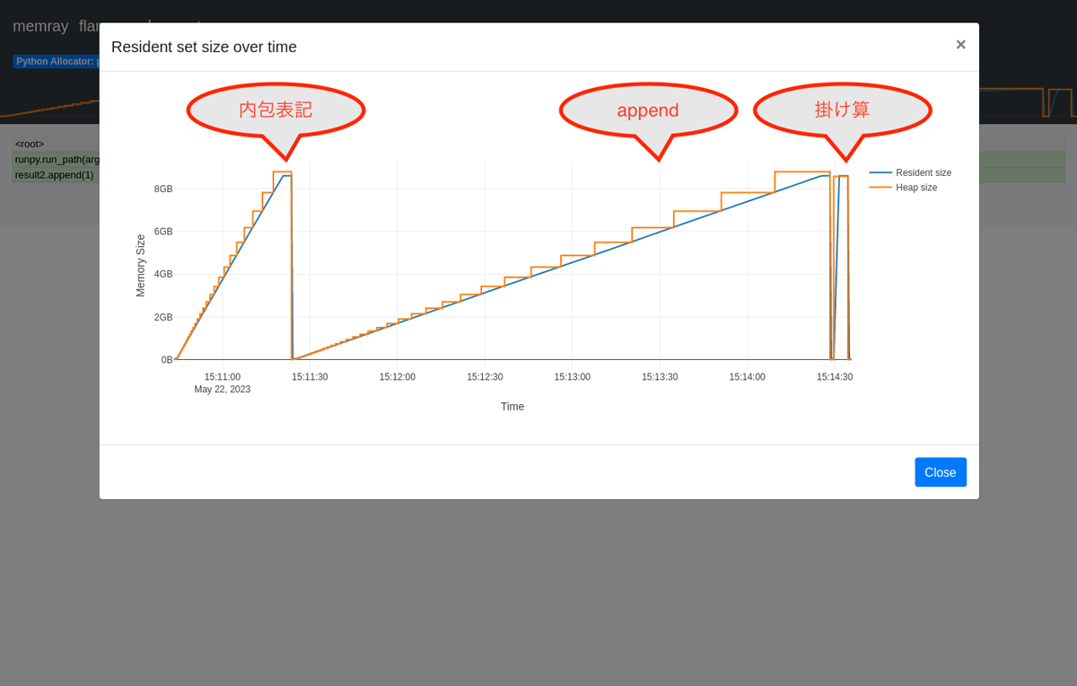 Memray sample-list.py実行メモリ詳細
