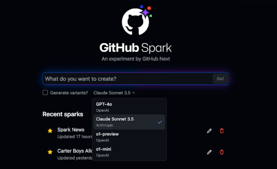 GitHub SparkのAIモデル選択メニュー