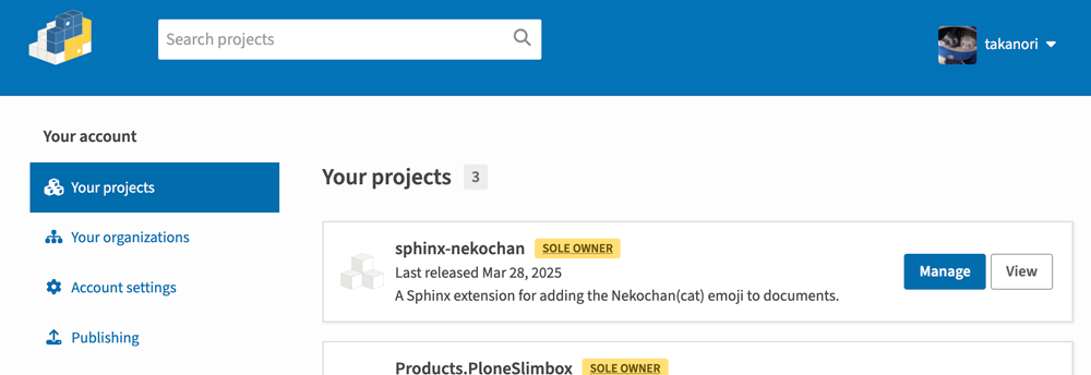 プロジェクトの「Manage」をクリック