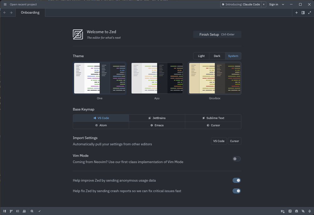 Windows版Zedの起動画面