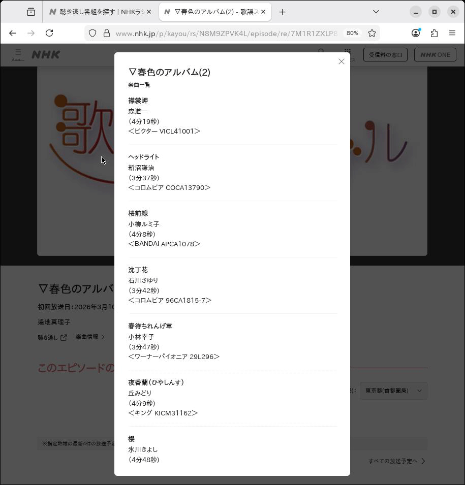 図2 番組ホームページの楽曲情報