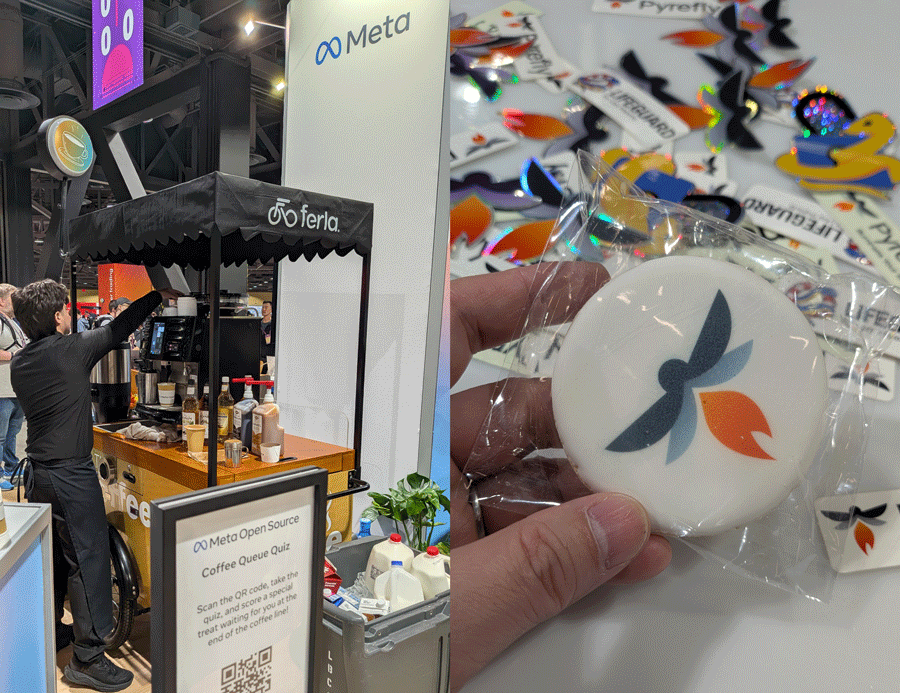 Metaブースのコーヒー（左）とPyreflyクッキー（右）