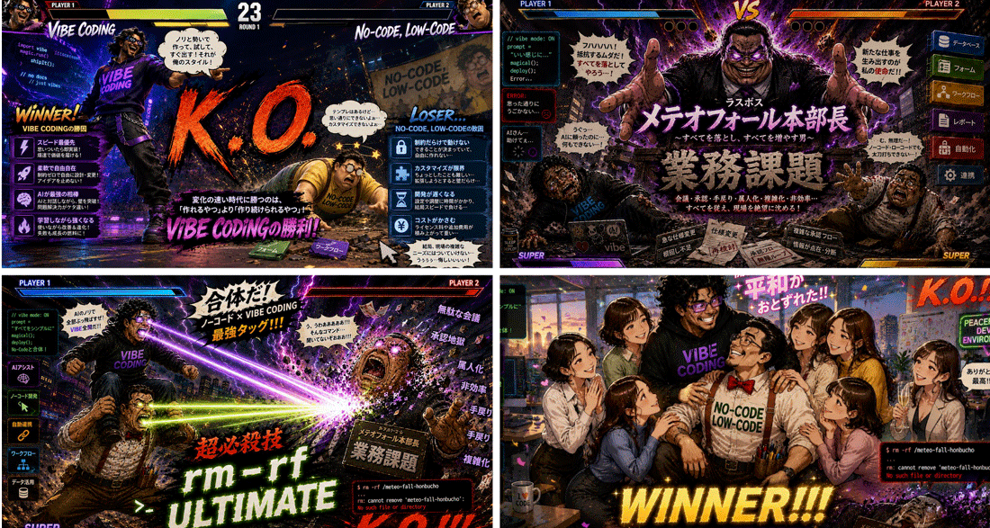 バイブコーディング対ノーコード／ローコードの擬人化