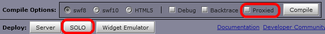 図6　デプロイモードの選択オプション。Proxiedチェックボックスは開発時のデプロイモードを指定、SOLOボタンはSOLOモード用のファイル一式を生成します。