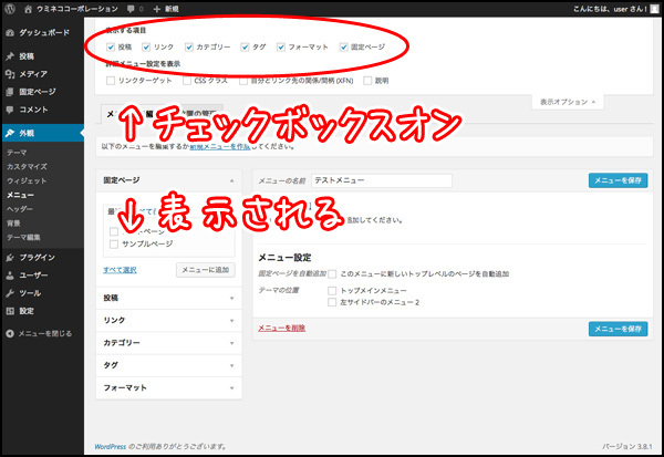 チェックボックスをオンにすると、何が変わったか…わかりますか？左側の一覧に「投稿」と「タグ」が増えました