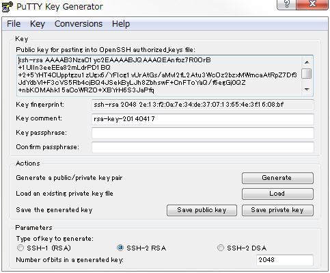 PuTTYgenで鍵を作っている画面。上部のssh-rsaから始まるテキストが公開鍵