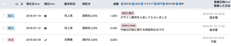 図2　freeeの取引一覧画面