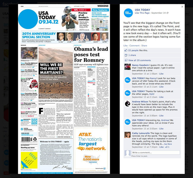 図6　Facebookで紹介された、リデザイン後の「USA TODAY print edition」