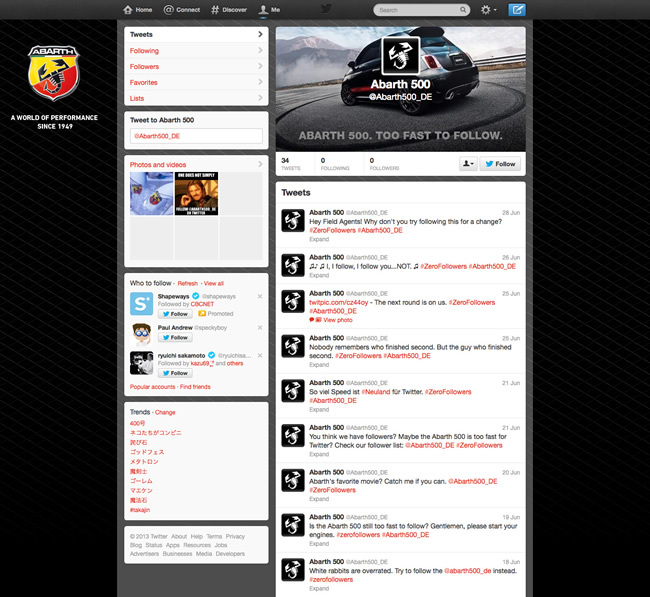 図4　フォロワーの数が“0”の「FIAT ABARTH 500」のTwitter公式アカウント