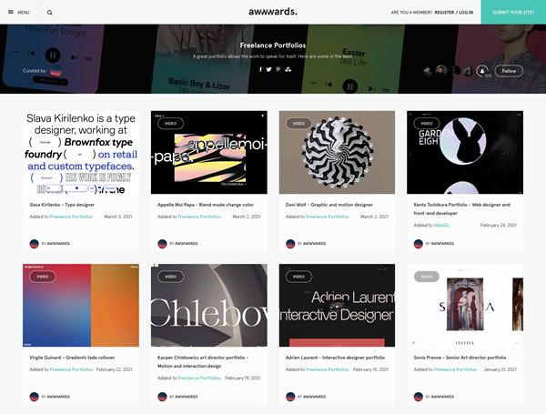 図14　筆者が定期的に巡回しているデザインポータルサイトのひとつ『Awwwards』のFreelance Portfolios。ポートフォリオは制作者が考え抜いた“独自の表現方法”や“実験的なコンテンツ”が実装されることから、おもしろい事例が非常に多い