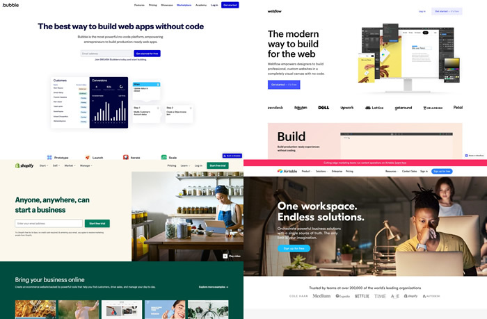 図5　多くの業種に広がっている「ノーコード」「ローコード」のツールたち（左上：Bubble、右上：Webflow、左下：shopify、右下：Airtable）
