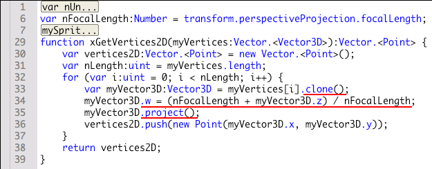 図6　Vector3D.project()メソッドとVector3D.wプロパティで透視投影を行う