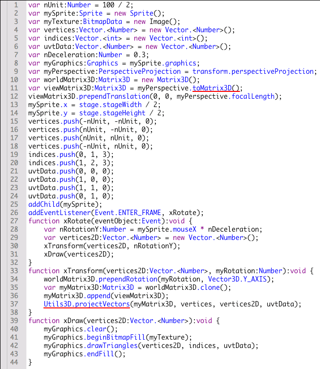 図2　回転のMatrix3Dオブジェクトに透視（遠近法）投影の変換を加える