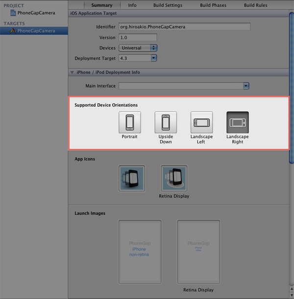 図2　Supported Device Orientations。4種類の中から対応させるデバイスの向きを選択