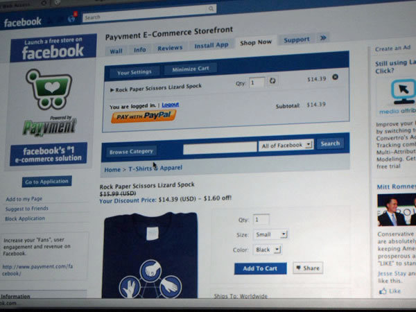 Facebook上で見たPayvmentの決済画面。ユーザ自身は（操作上は）Facebook内で完結した形で決済を完了できる