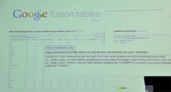 fusion tablesを使って、乳児の死亡率を国別にまとめたデータ、マラリヤの感染率、そして飲み水の品質のデータ、これらを合わせて相関させて新たなテーブルを作成した例。サブウィンドウで開いているのは「コードスミペット」というもので、これをコピーして自分Webなどに貼り付けることで、fusion tablesのデータをさらにシェアすることができます。