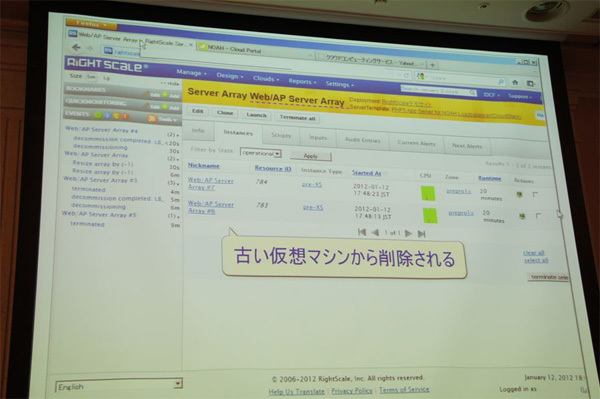 Crandell氏の講演後、IDCフロンティアより2012年2月から開始されるというRightScaleのテンプレートを使ったデモが披露されました。